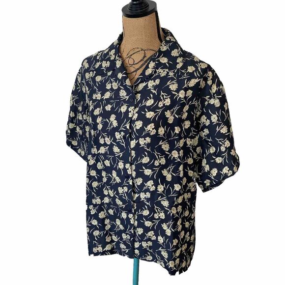 Beroluci of Paris 100% Silk Women's Sport Btn Blouse Dark Blue Tan Floral SMALL - Picture 1 of 10